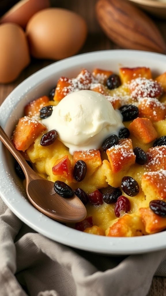 A golden-brown gluten-free bread pudding topped with powdered sugar and ice cream, served in a rustic kitchen.